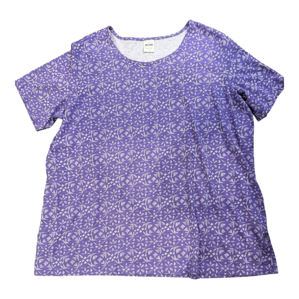 Blair‎ Womens 2XL Purple White Geometric Print Short Sleeve Crew Neck T-Shirt